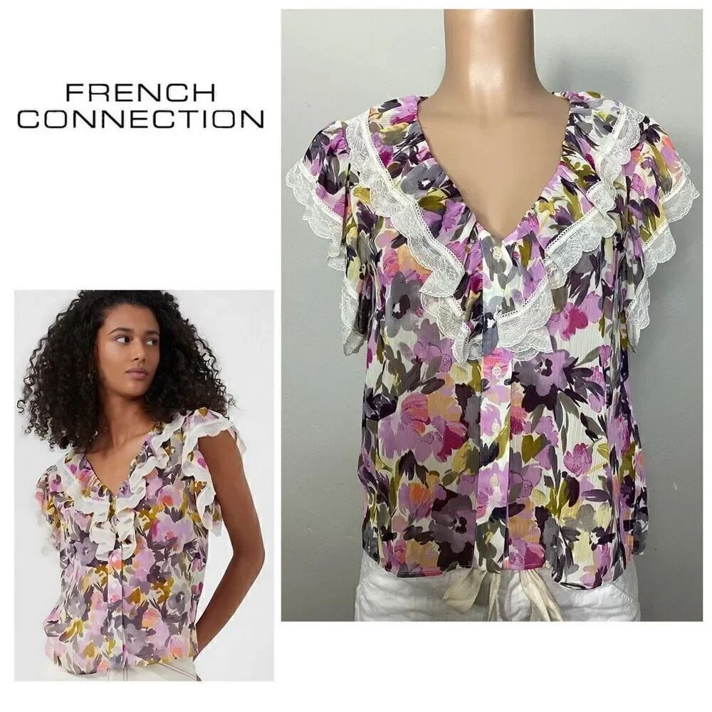 New. French Connection orchid floral lace ruffle top. Small. Retails $128